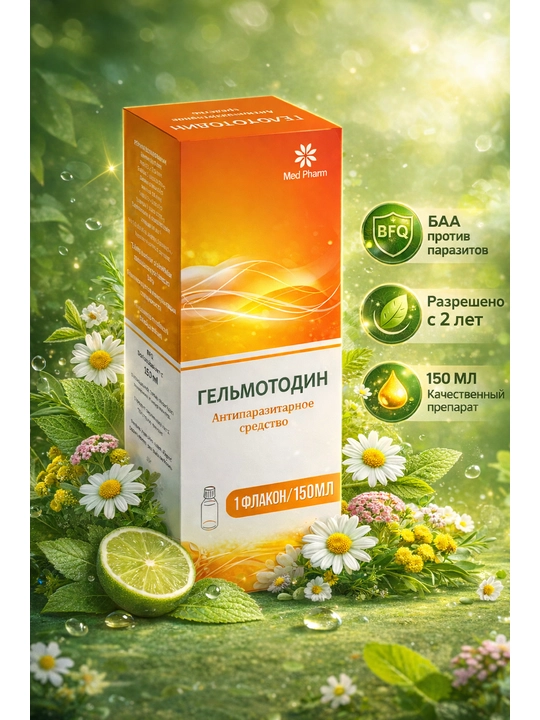 Gelmotodin — parazitlar va gijjalardan himoya qiluvchi tabiiy sirop, 150 ml