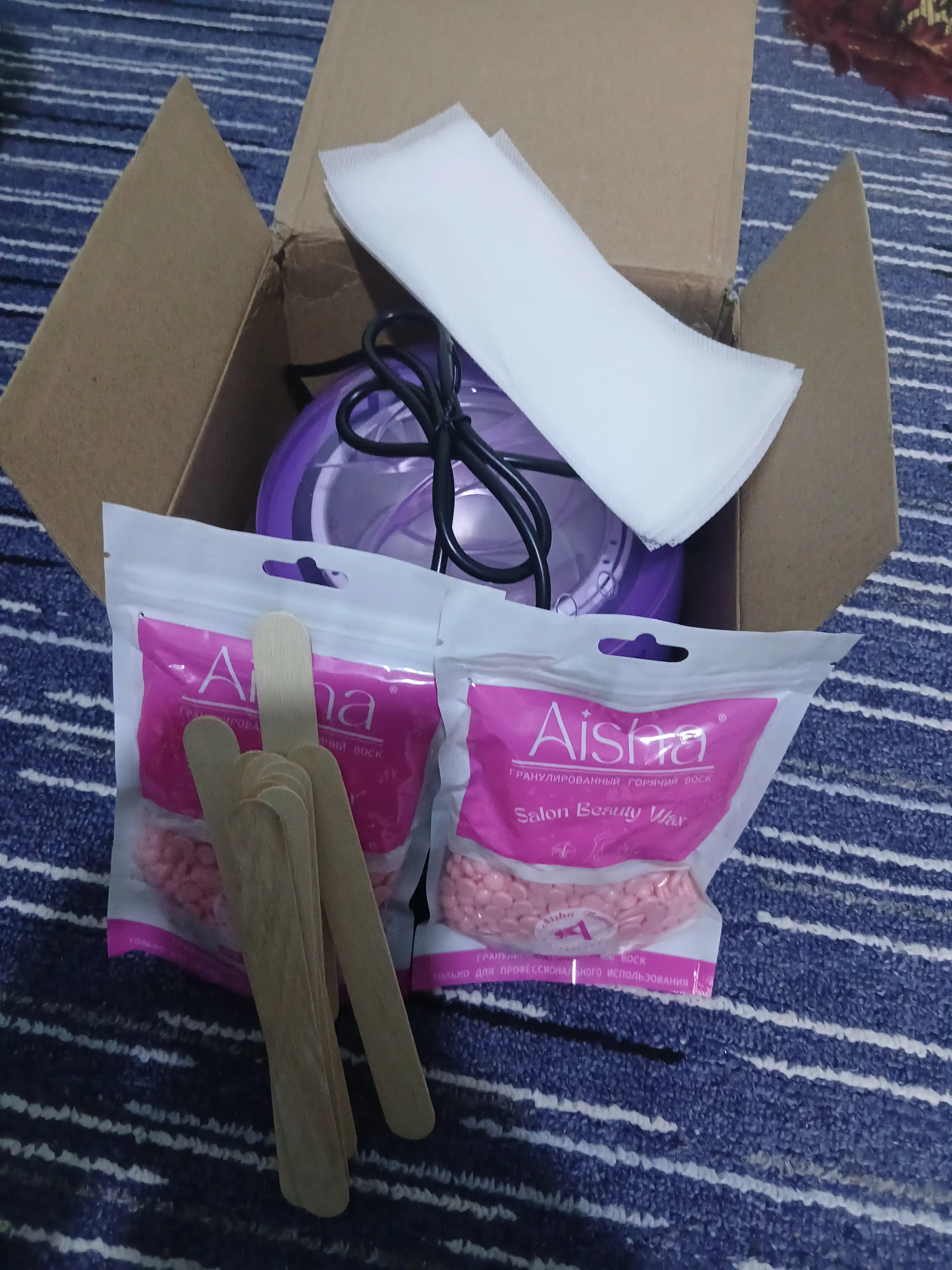 Depilatsiya to'plami: mum, depilyatsiya qozoncha, depilatsiya mumi 100 g, cho'p, 10 dona