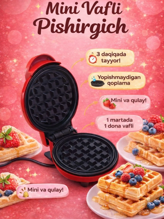 Mini - vafli pishirgich, yopishmaydigan qoplamasi bilan, vena va belgiya vaflilari uchun