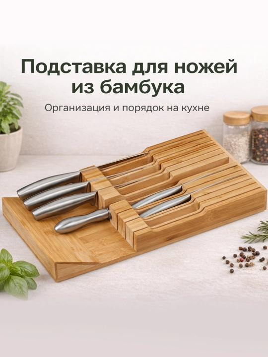 Подставка для ножей из бамбука, на 6 ножей, органайзер для кухонного ящика, 43×23×5 см - 
