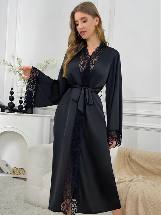 Ayollar uchun uzun shoyi xalat nafis to'rli uy va uyqu uchun kimono penyuar