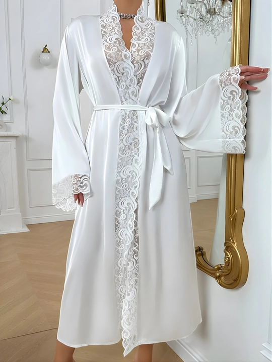 Ayollar uchun uzun shoyi xalat nafis to'rli uy va uyqu uchun kimono penyuar