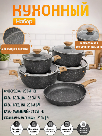 Набор посуды с крышками с антипригарным покрытием