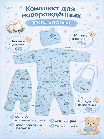 Комплект из 5-и предметов для новорожденных, 100% хлопок, 0-3 месяцев,  для новорожденных - 