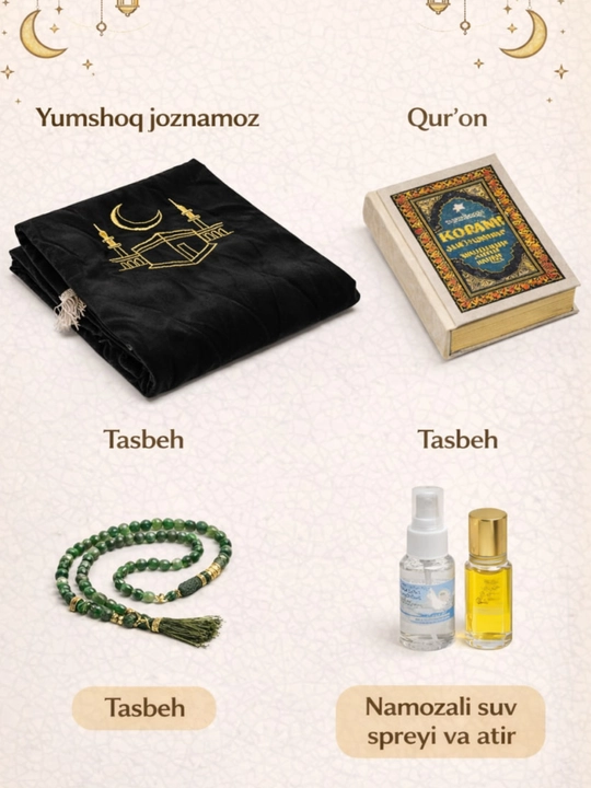 Ikki qavatli diniy to'plam, kitob, joynamoz, tasbeh sovg'a qutisida