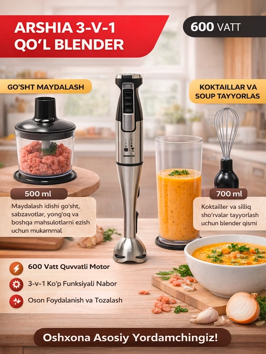 Qo'l blenderi Arshia AS1911-8009, ko'p funktsiyali, 3 tasi 1 da - 