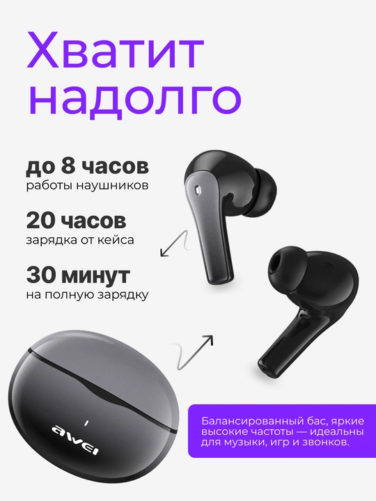 AWEI T62 TWS Bluetooth 5.3 наушники, 8 часов, Deep Bass, ENC шумоподавление, IPX5