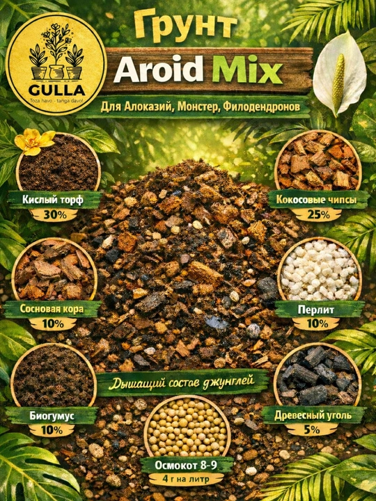 Aroid Mix steril grunti: Zamiokulkas, Spatifillum, Monstera, Anturium, 8 tasi 1 da - 
