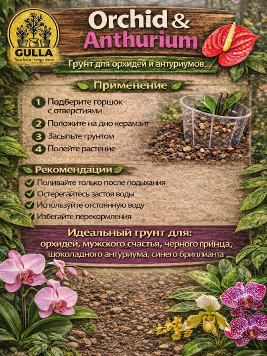 "Gulla"dan Orxideya va anturiumlar uchun 8 ta komponentli ultra-nafas oluvchi substrat