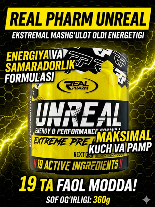 Real Pharm UNREAL energiya, fokus va pampa uchun mashq oldi majmuasi, kivi-kaktus ta’mi - 