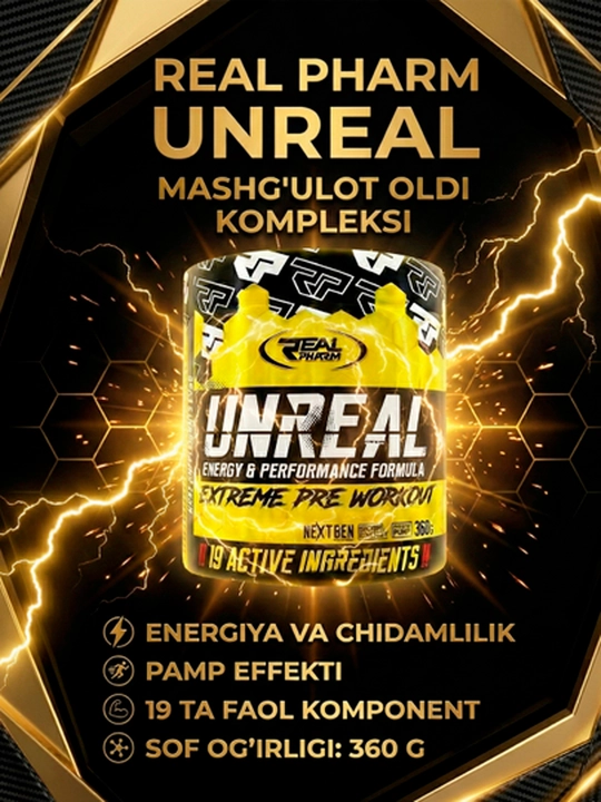 Real Pharm UNREAL energiya, fokus va pampa uchun mashq oldi majmuasi, kivi-kaktus ta’mi