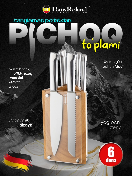 HausRoland oshxona pichoqlar to‘plami, zanglamas po‘latdan, yog‘och stendli, 6 dona - 