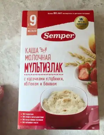 Sutli bo'tqa ko'p donli Semper, qulupnay bo'laklari, olma va banan, quruq, 9 m +, 180 g