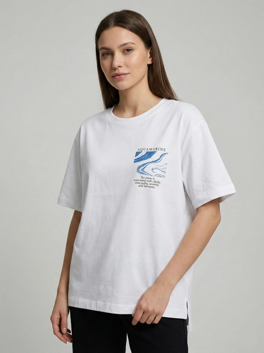 Женская футболка Aquamarine, белая, хлопковая, свободный крой - 