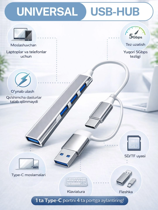 4 portli USB HUB 3.0 Type-C Hub konsentratori, USB porti - 