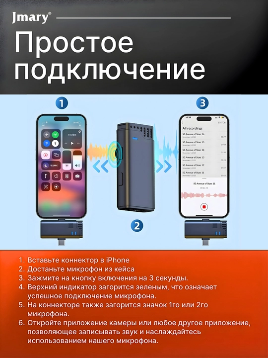 Simsiz petlichkali mikrofon, 2 tasi 1 da, iPhone va Android uchun, Type-C va Lightning