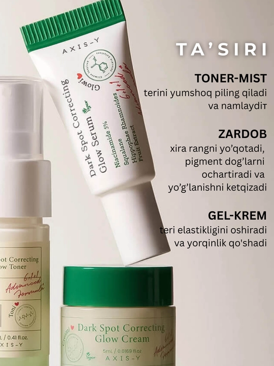 Axis-Y Glow Trio terini namlash, rangini tekislash va yorqinlashtirish uchun to‘plam