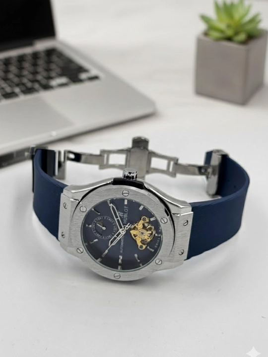 Hublot, erkaklar uchun avtomatik mexanik soat, ko‘k siferblat, kumush rang