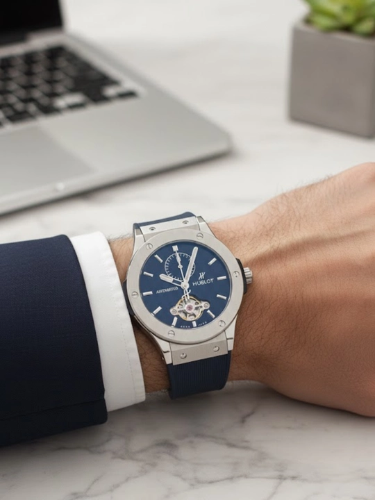 Hublot, erkaklar uchun avtomatik mexanik soat, ko‘k siferblat, kumush rang