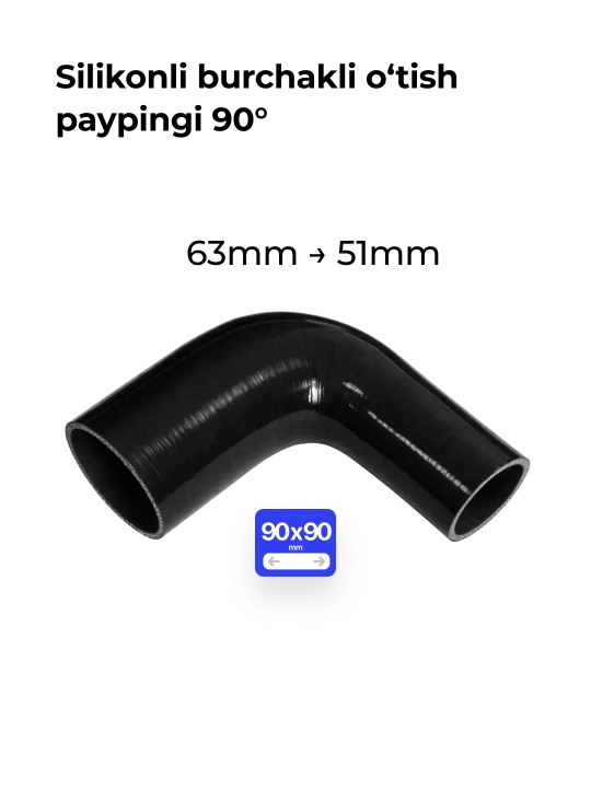 Silikonli o‘tish patrubkasi 90° 63→51 mm (2.5″→2″) - 