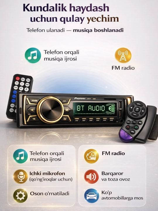 Avtomagnitafon Pioneer 2 pult Bluetooth, USB, AUX, FM radio magnitofon