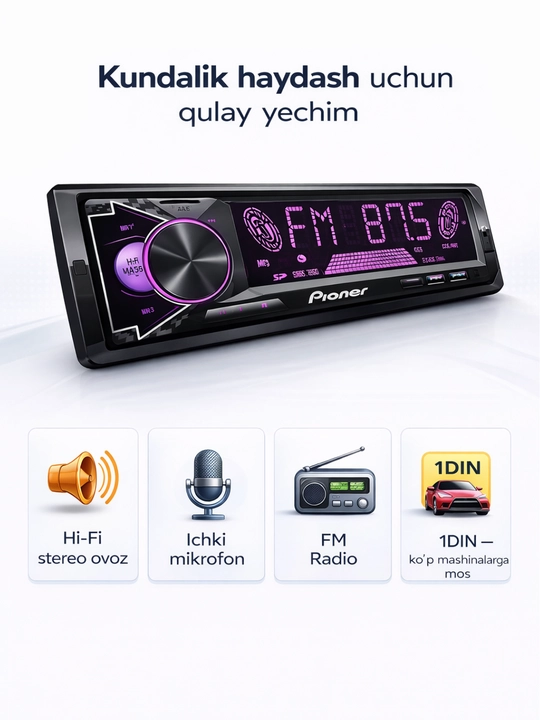 Avtomagnitafon Pioneer 2 pult Bluetooth, USB, AUX, FM radio magnitofon