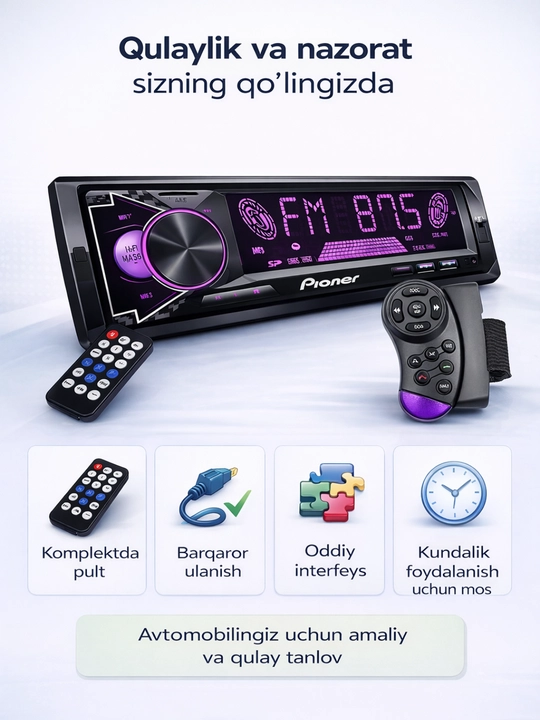 Avtomagnitafon Pioneer 2 pult Bluetooth, USB, AUX, FM radio magnitofon