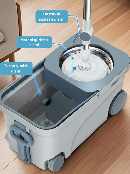 Spin Mop Turbo Smart chelak shvabra, mikrofiberli, aylanadigan, nam tozalash uchun