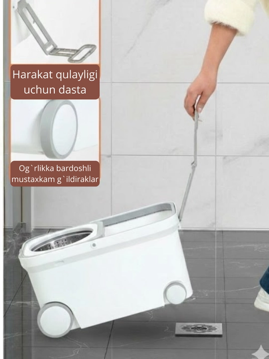 Spin Mop Turbo Smart chelak shvabra, mikrofiberli, aylanadigan, nam tozalash uchun