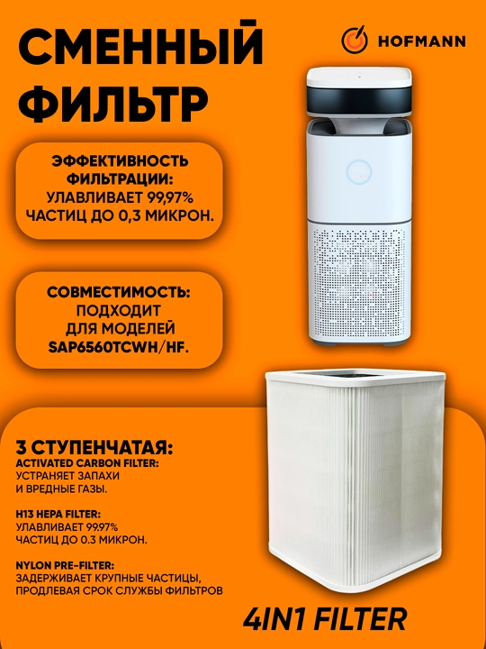 HOFMANN almashtiriladigan filtr, 4 ta 1 da, SAP6560TCWH/HF (HEPA H13, ko‘mirli) - 