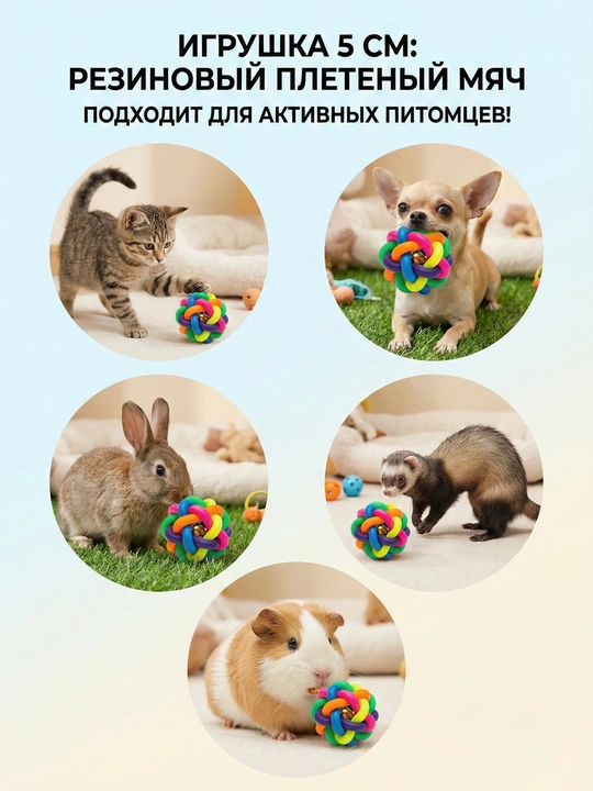 Игрушка для собак и кошек, мяч плетеный с бубенчиком, 5 см