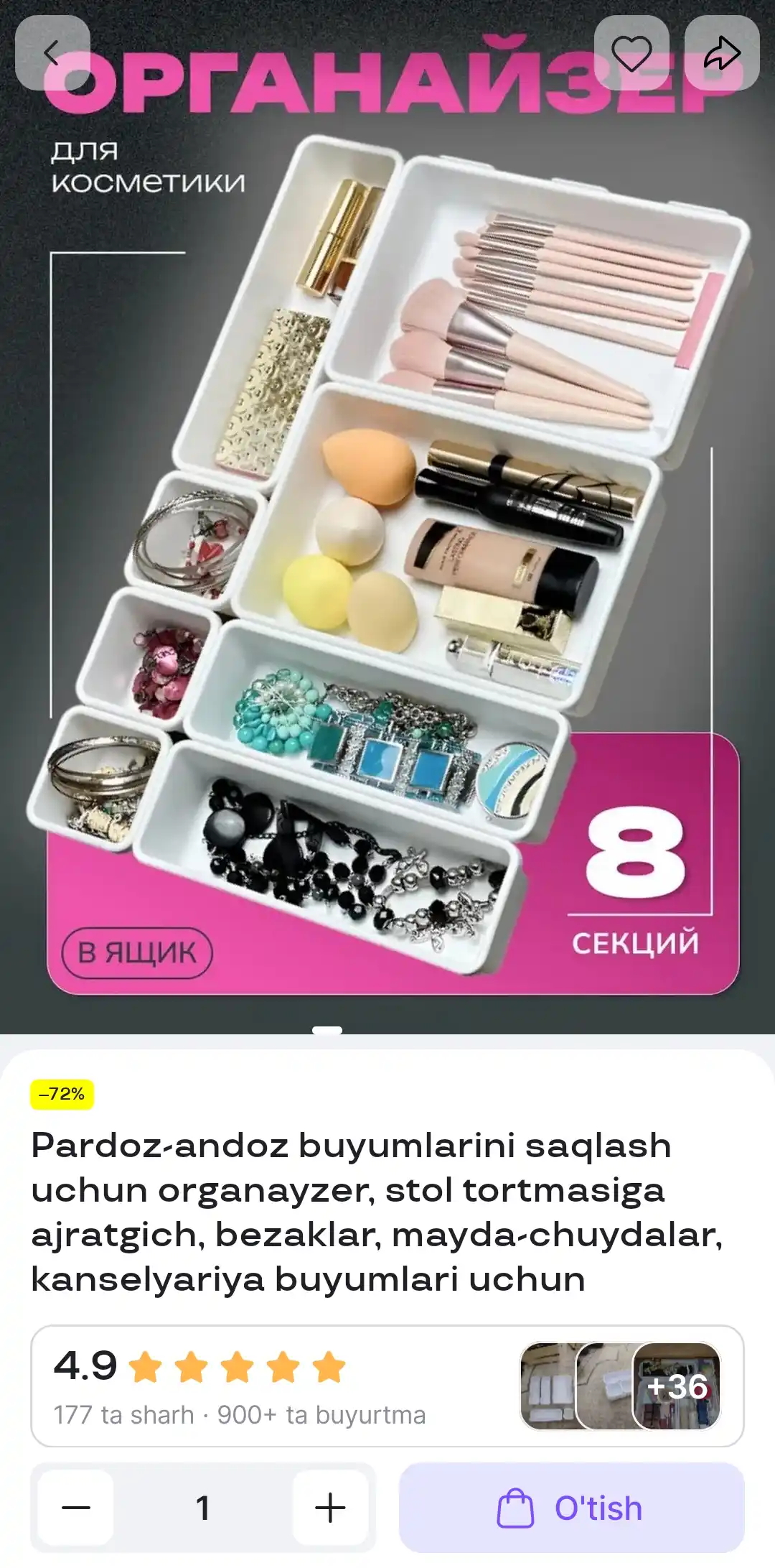 Pardoz-andoz buyumlarini saqlash uchun organayzer, stol tortmasiga ajratgich, bezaklar