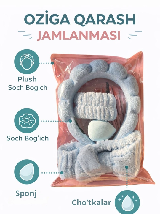 5 in 1 to‘plam: cho‘tka, sponj, cho‘tkalar, bilaguzuk, bosh bog‘lam - 