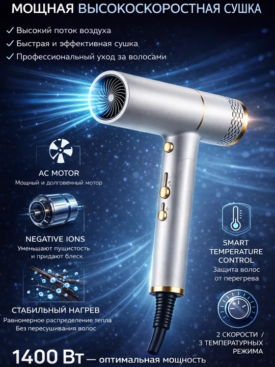 Soch uchun UKT 1400 Vt ionizatsiyalangan fen, yuqori tezlikdagi AC-motor - 