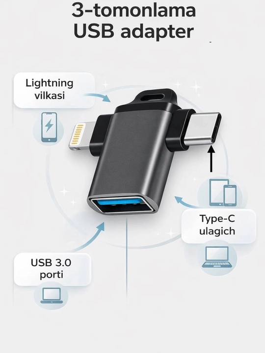 USB-C HUB, USB 3.0, USB-C, HDMI, SD va MicroSD portlari bilan ko‘p funksiyali adapter