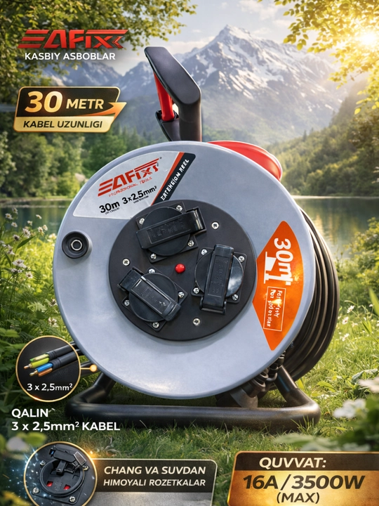EAfix 30 metr uzaytirgich baraban, 3x2.5 mm² kabel, 4 rozetkali, 16A/3500W, kabel g‘altagi