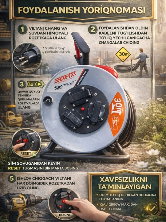 EAfix 30 metr uzaytirgich baraban, 3x2.5 mm² kabel, 4 rozetkali, 16A/3500W, kabel g‘altagi