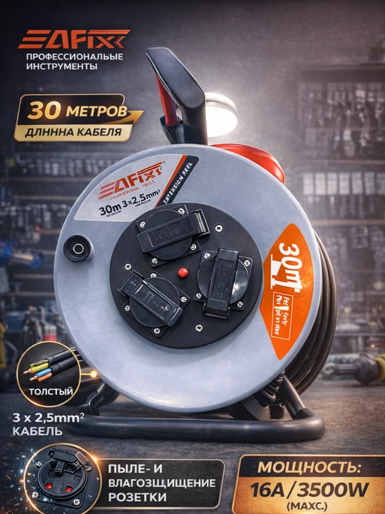 EAfix 30 metr uzaytirgich baraban, 3x2.5 mm² kabel, 4 rozetkali, 16A/3500W, kabel g‘altagi