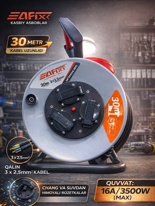 EAfix 30 metr uzaytirgich baraban, 3x2.5 mm² kabel, 4 rozetkali, 16A/3500W, kabel g‘altagi - 