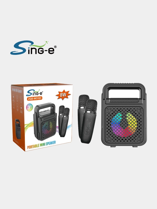 Колонка портативная SING-E W3102/3, с 2 беспроводными микрофонами караоке Bluetooth USB 8W - 