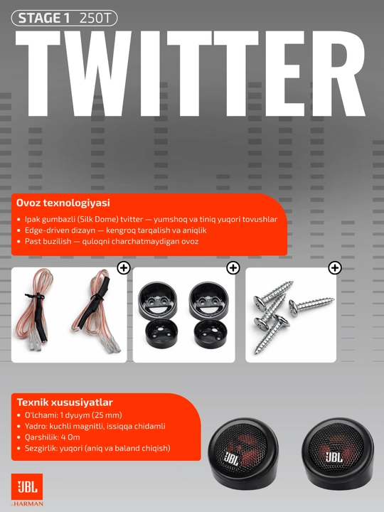 Твиттер для автомобиля JBL Stage 1 25T, 25 мм, 4 Ом, комплект 2 шт