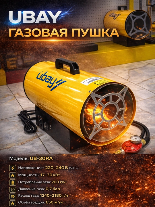 UBAY UB-30RA gazli issiq puflagich, gazli isitkich, 17–30 kVt, 220V, propan-butan uchun