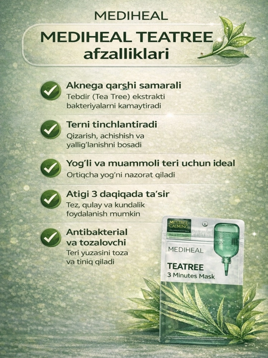 Mediheal Tea Tree yuz niqobi — akne, yog‘li teri, pora, tinchlantiruvchi, 7 dona