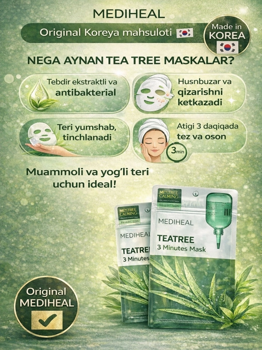 Mediheal Tea Tree yuz niqobi — akne, yog‘li teri, pora, tinchlantiruvchi, 7 dona