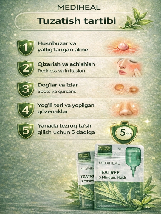 Mediheal Tea Tree yuz niqobi — akne, yog‘li teri, pora, tinchlantiruvchi, 7 dona