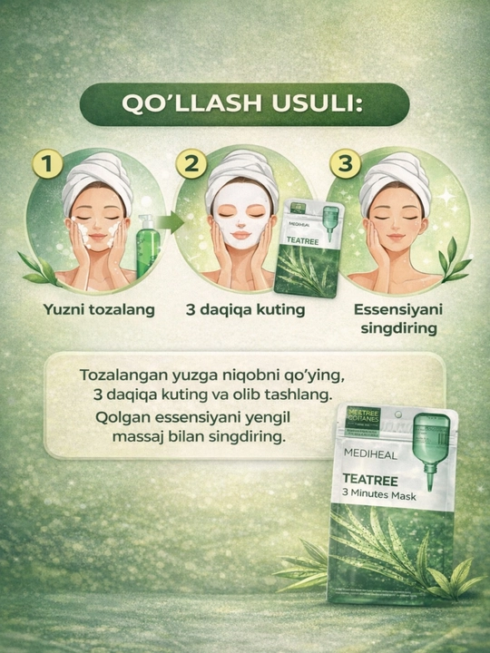 Mediheal Tea Tree yuz niqobi — akne, yog‘li teri, pora, tinchlantiruvchi, 7 dona