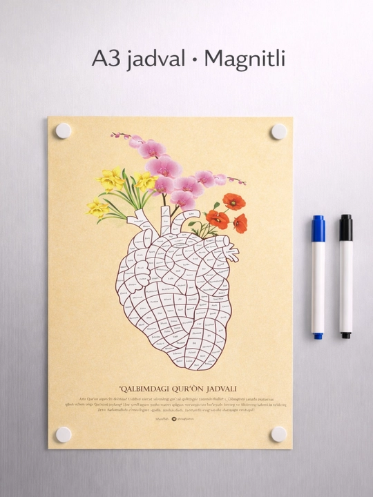 Qalbimda Qur’on yodlash jadvali, A3 format, marker va magnitlar to'plami, motivatsiya