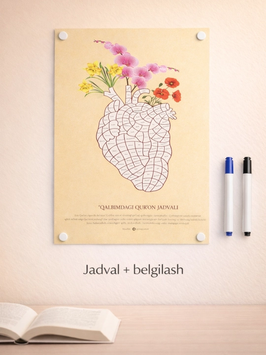 Qalbimda Qur’on yodlash jadvali, A3 format, marker va magnitlar to'plami, motivatsiya