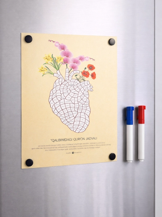 Qalbimda Qur’on yodlash jadvali, A3 format, marker va magnitlar to'plami, motivatsiya