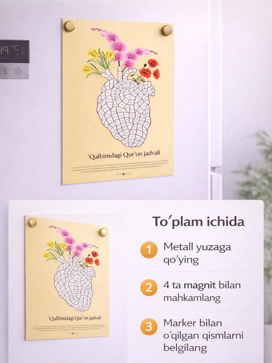 Qalbimda Qur’on yodlash jadvali, A3 format, marker va magnitlar to'plami, motivatsiya